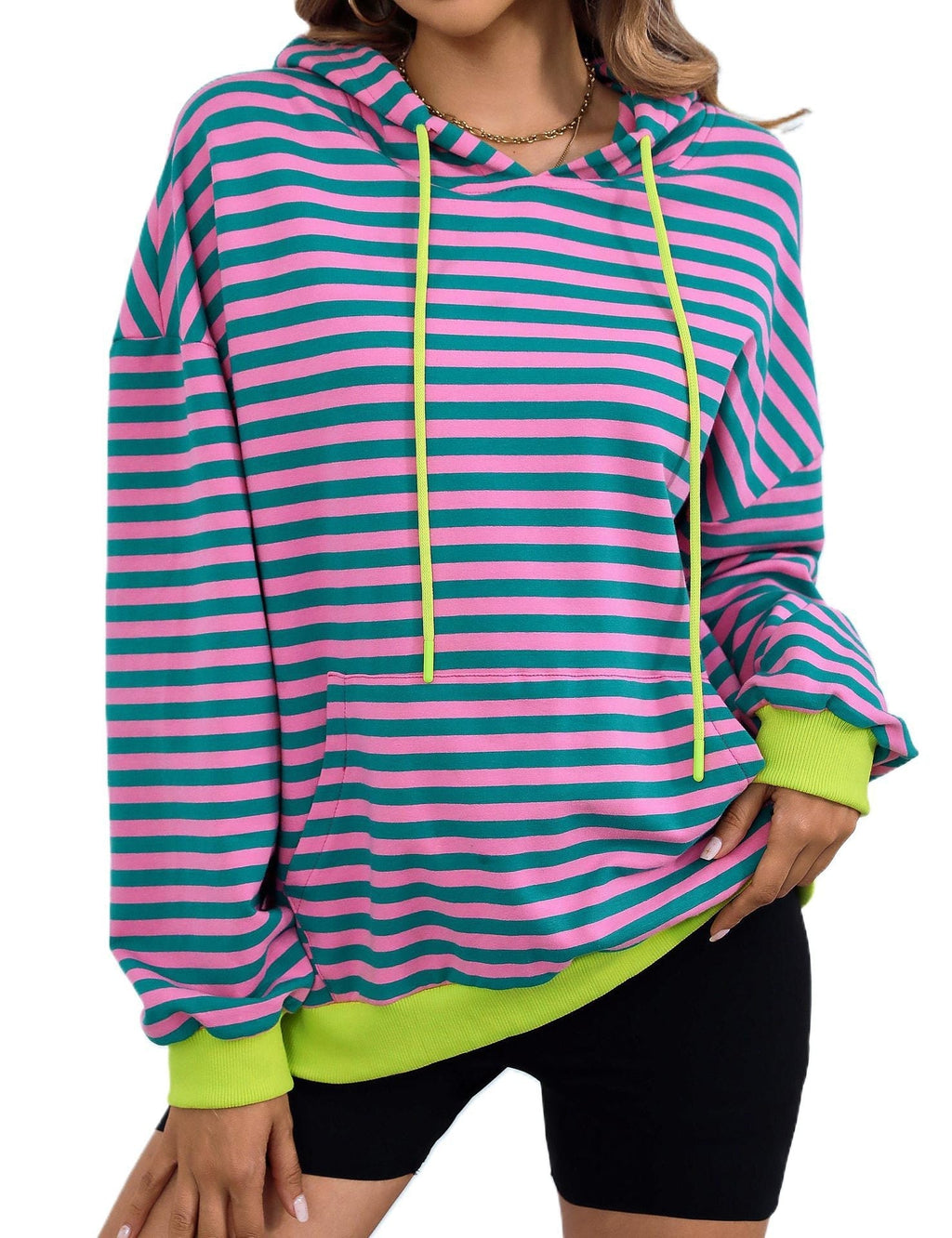 Damen gestreifter Kapuzenpullover mit stylischer Kängurutasche GR