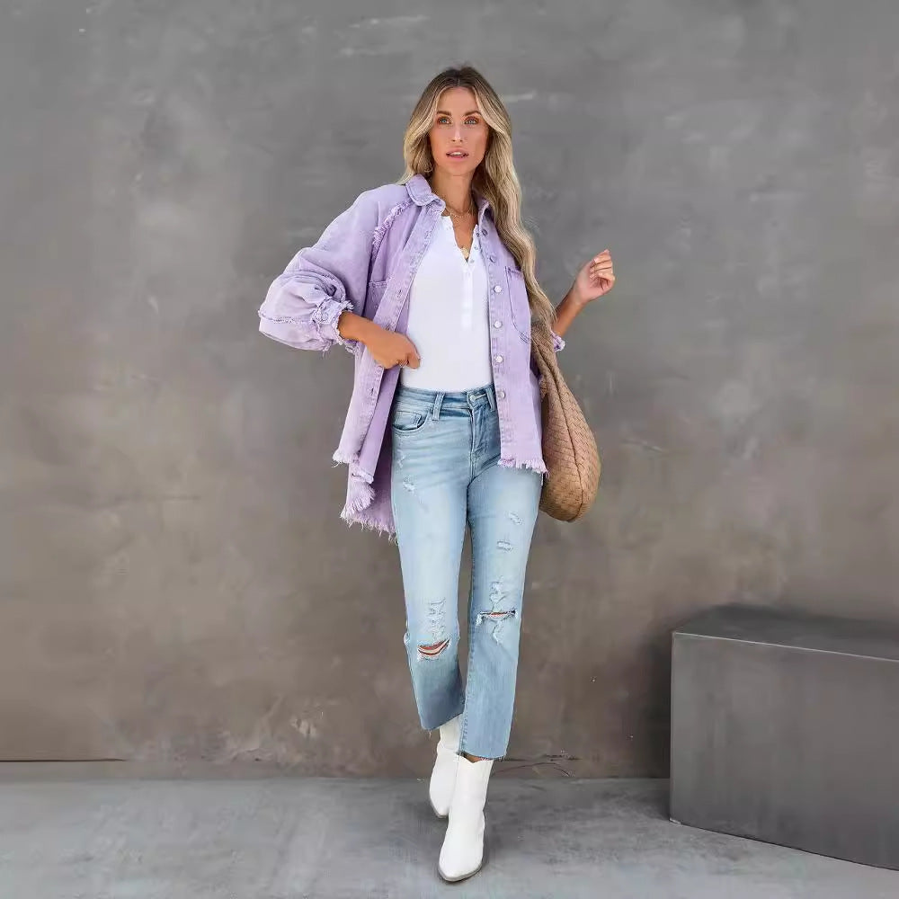 Women's casual overshirt jacket in lightweight denim with fringed details, size S