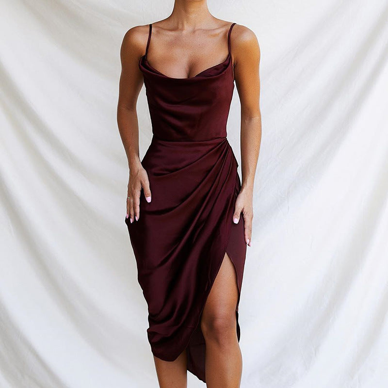 Women's elegant wrap dress with spaghetti straps and high slit