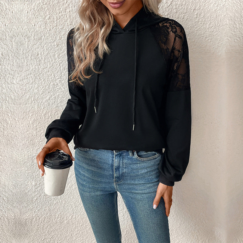 Damen Kapuzenpullover mit Spitzenärmel GR