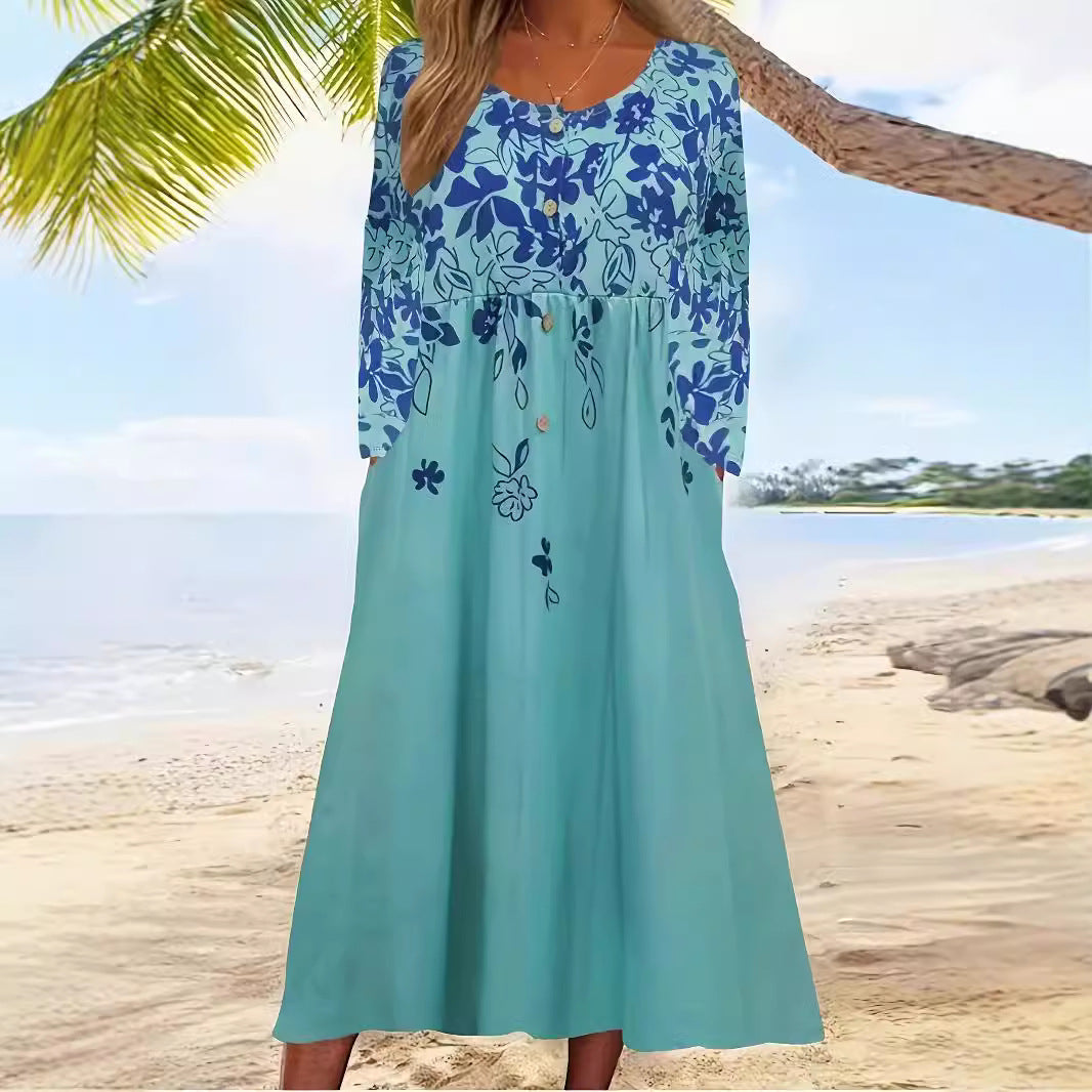 Women's flowing midi dress with floral print and practical pockets, size [size]