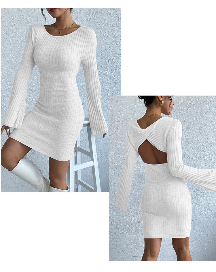 GR | Long-sleeved trumpet sleeve open back knit dress 