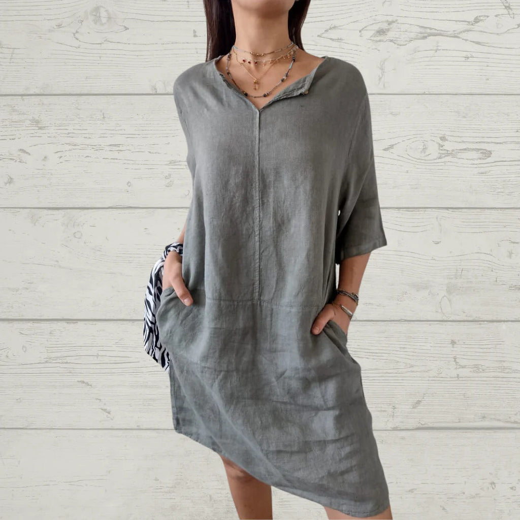 Damen Leichtes Leinenkleid mit vorderem Knopfdetail und seitlichen Taschen GR