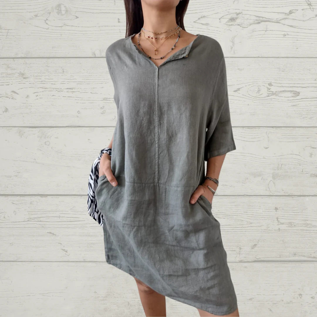 Damen Leichtes Leinenkleid mit vorderem Knopfdetail und seitlichen Taschen GR