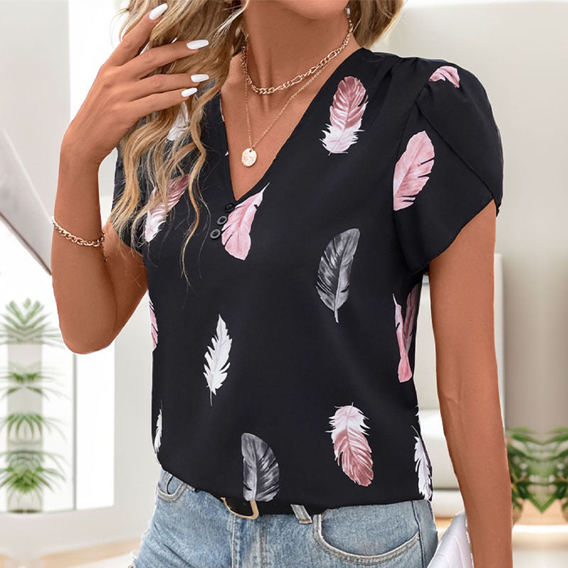 Damen Bluse mit romantischen Federmuster und Puffärmeln GR