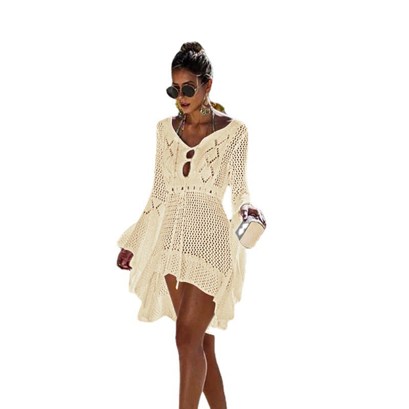 Women's airy crochet beach cover-up with V-neck and tie belt, size