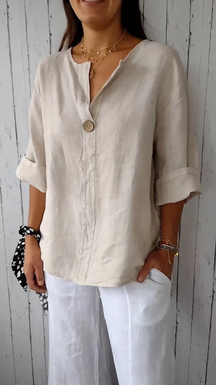 Women's airy linen blouse with front button and wide sleeves, size