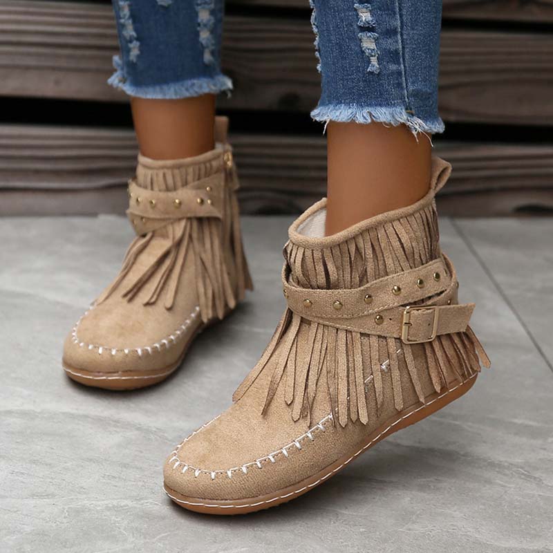 GR | Boho ankle boots with fringes and buckles for women