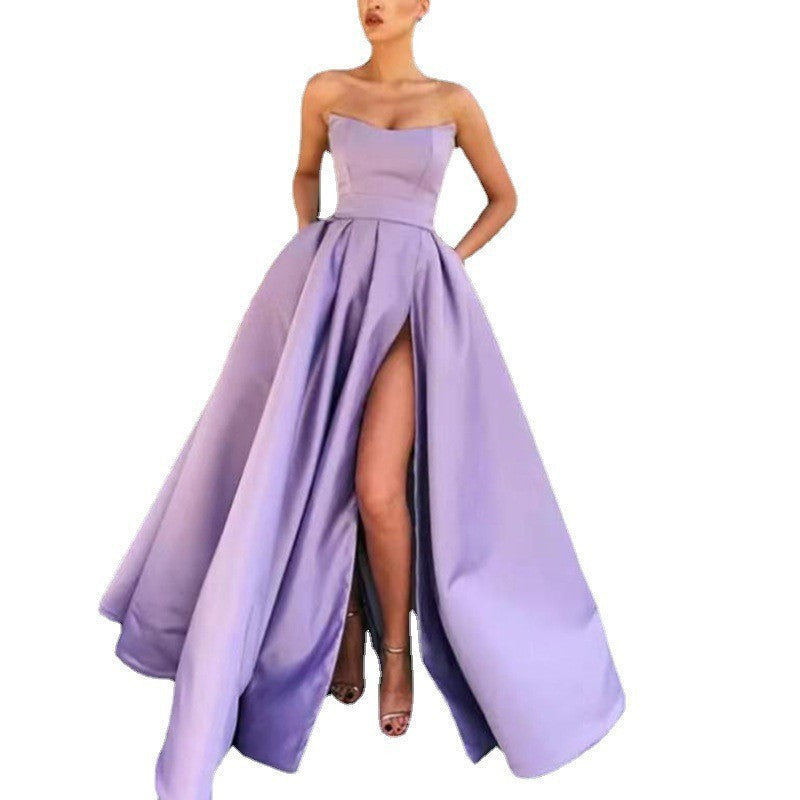 Women's elegant evening dress with deep slit and flowing skirt, size [size]