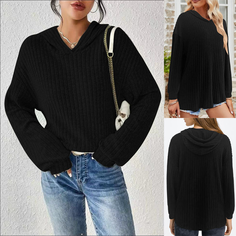 Damen lässiger Kapuzenpullover mit stilvollem Rippmuster und überschnittenen Ärmeln GR