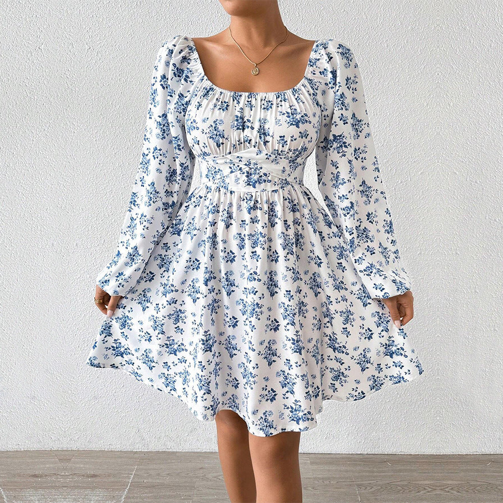 Damen luftiger Blumenkleid mit eleganter Raffung und langen Ärmeln GR