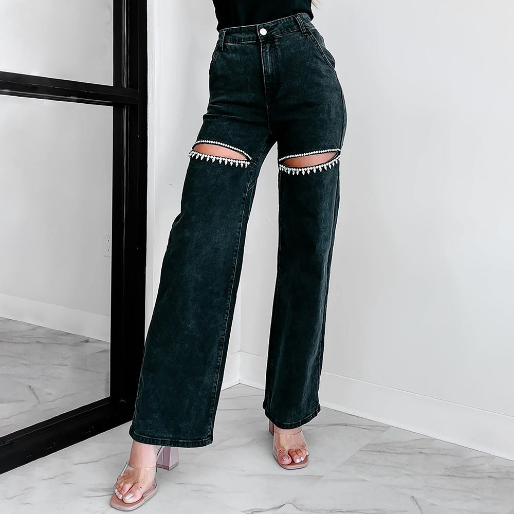 GR | Lässige Nieten Ripped Straight Leg Damen Jeans