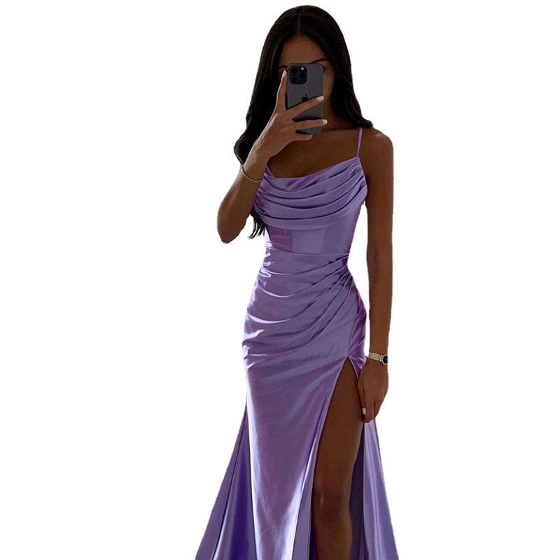 GR | Schnürung Falten Schlitz Satin Schmaler Schnitt Bodycon Kleid
