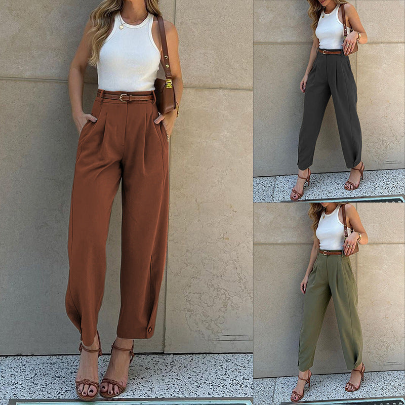 Women's high-waisted trousers with elegant pleats and practical pockets, size