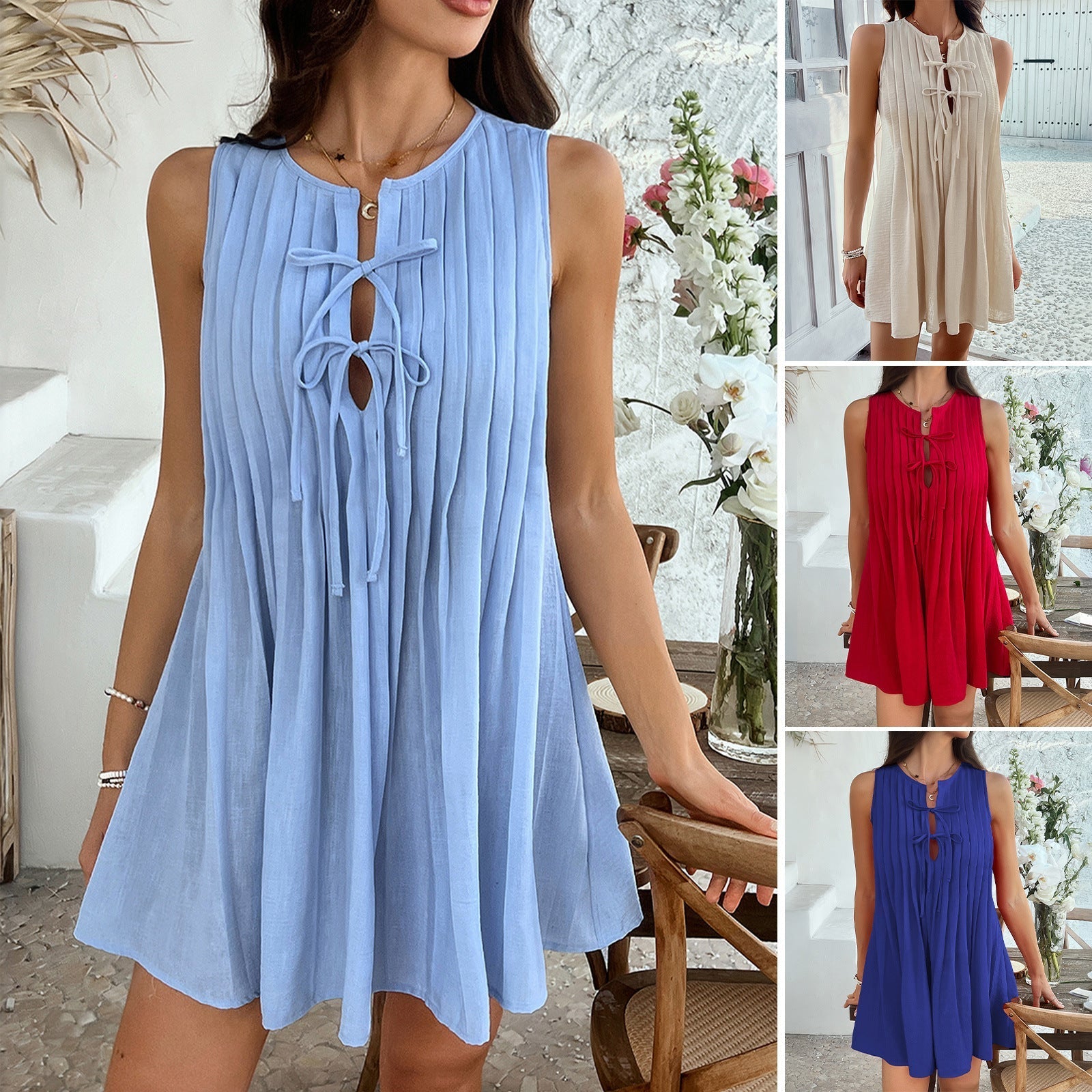 Women's short sleeveless dress with ruching and decorative keyhole neckline, size S