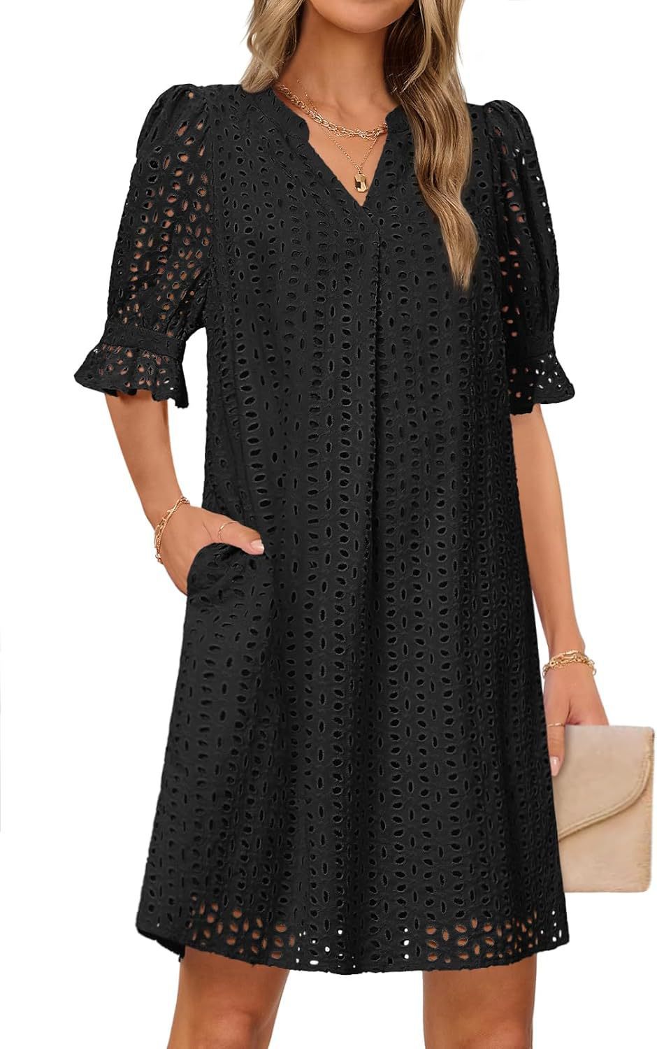 Women's airy summer dress with romantic openwork pattern and practical pockets, size