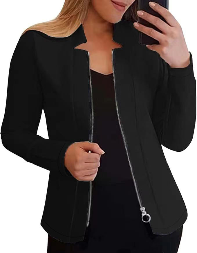 Women's fashionable and elegant biker jacket with a figure-hugging cut and high collar, size [size missing]