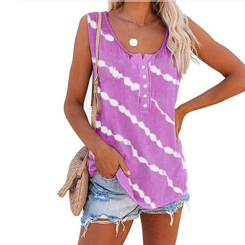 Women's sleeveless top with button placket and modern batik pattern, size