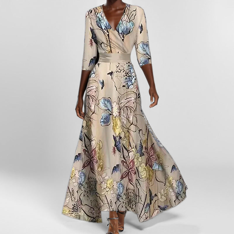 GR | Elegant V-neck printed waist dress with peplum