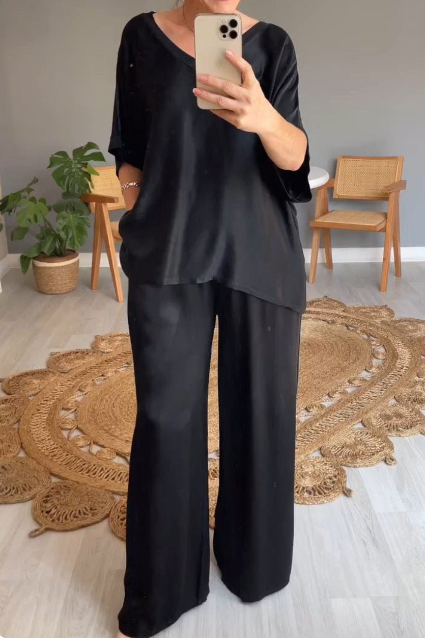 GR | Solid color, silky V-neck casual suit 