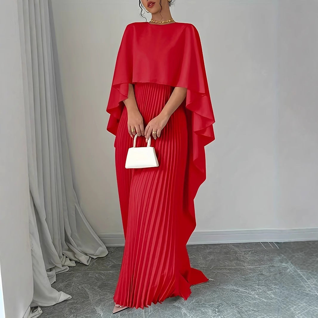 GR | Elegant long dress with batwing sleeves, pleated asymmetrical design, and flowing fit