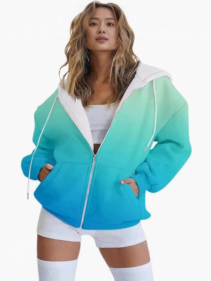 Women's oversized hooded jacket with color gradient and practical pockets, size