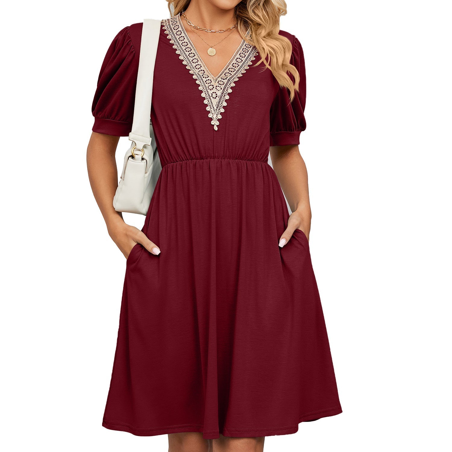 Women's midi dress with elegant V-neck and ruffle details, size