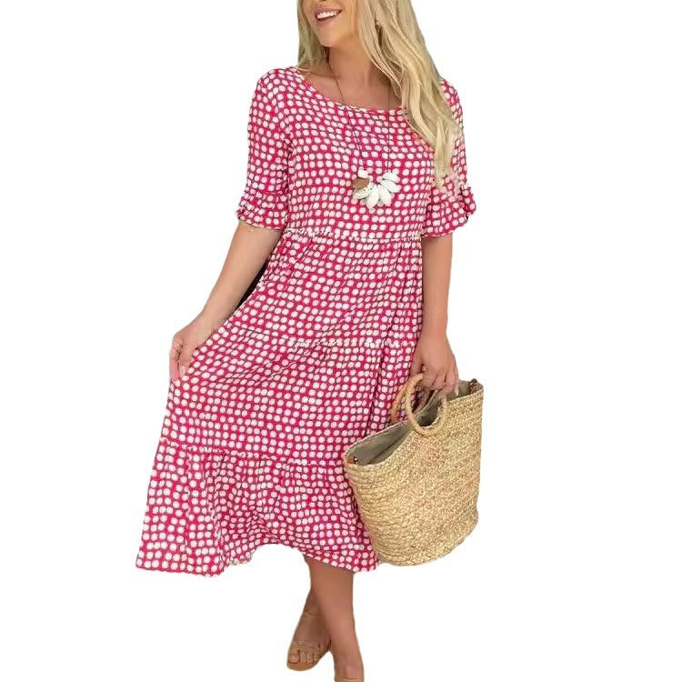 GR | Sommer Rundhals Bedrucktes Kurzarmkleid