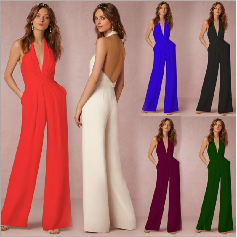 Women's elegant jumpsuit with deep V-neck and wide leg, size