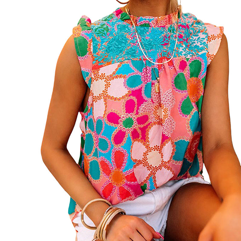 Women's airy blouse shirt with floral pattern and ruffle details, size
