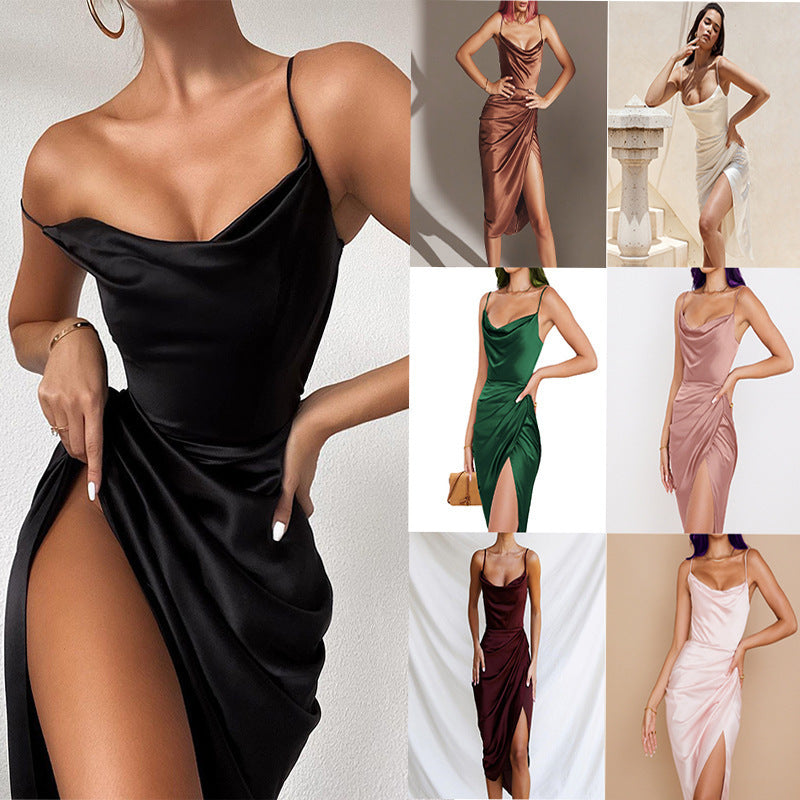 Women's elegant wrap dress with spaghetti straps and high slit