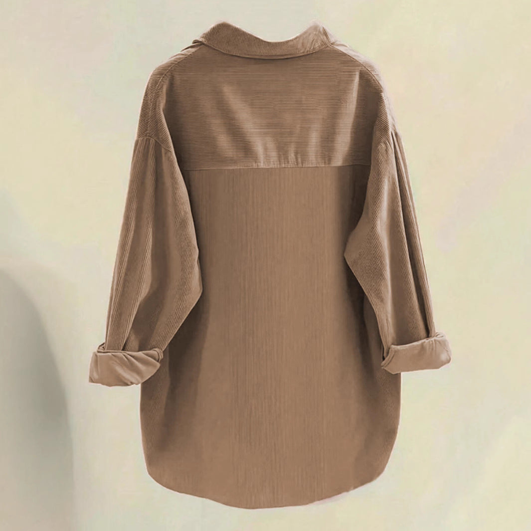 Women's oversized ribbed shirt with chest pockets and a stylish collar, size S