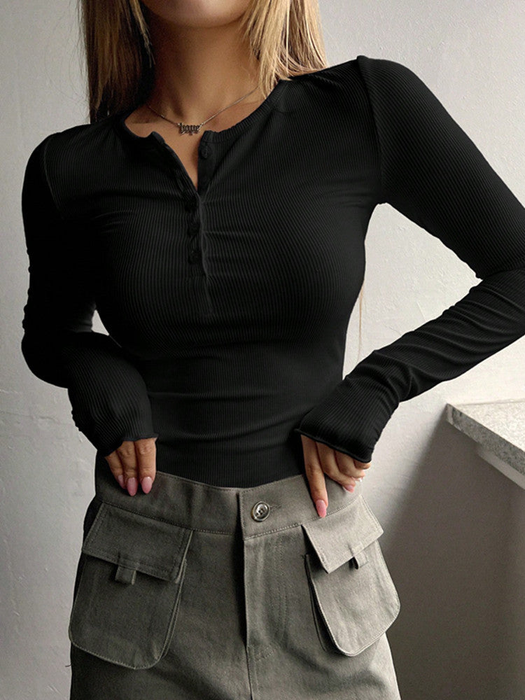 GR - Women's ribbed button-down long-sleeved top