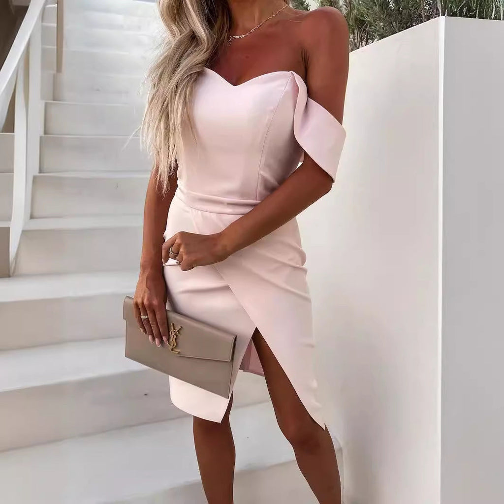 Women's elegant wrap dress with chic shoulder design and figure-hugging cut, size [size missing]