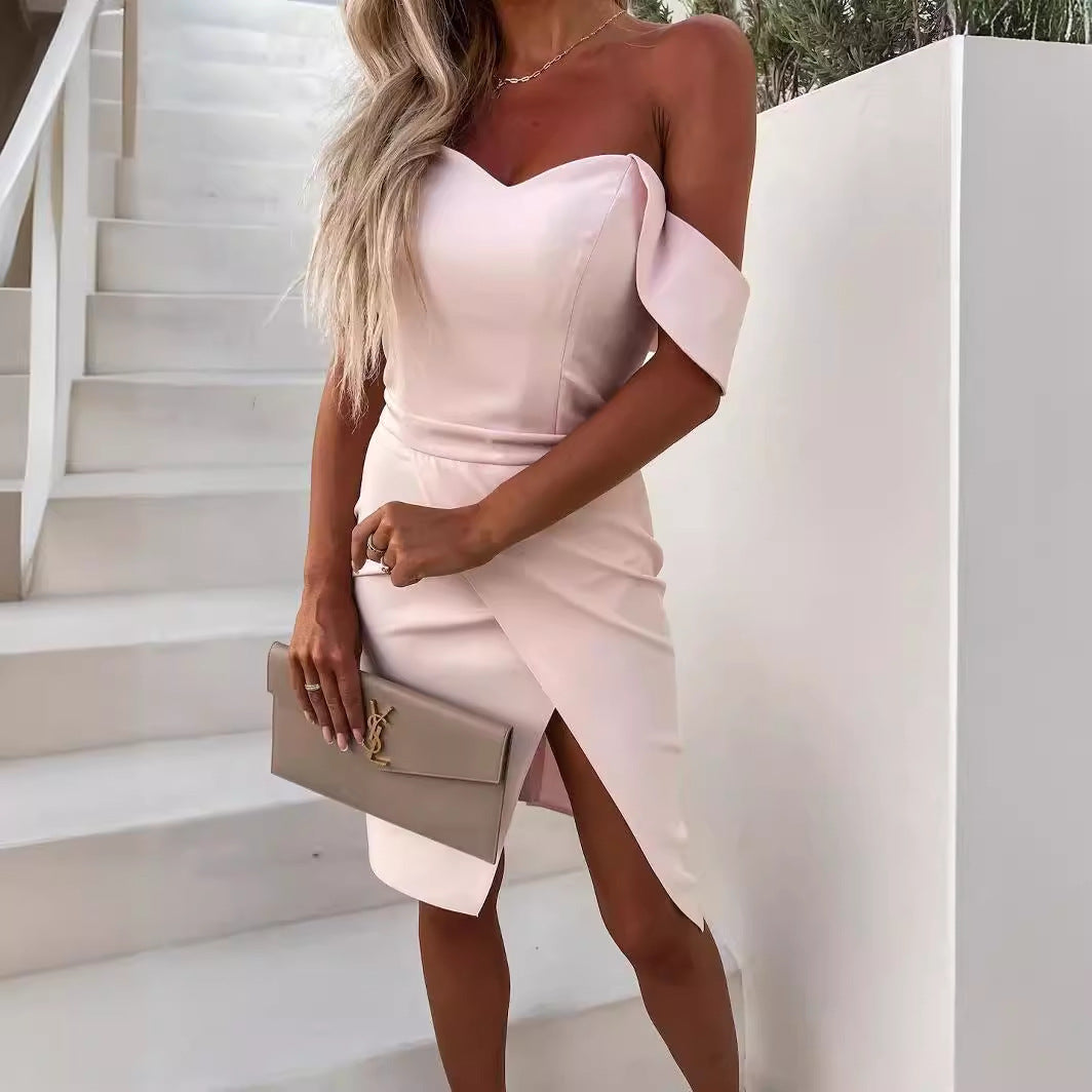 Women's elegant wrap dress with chic shoulder design and figure-hugging cut, size [size missing]