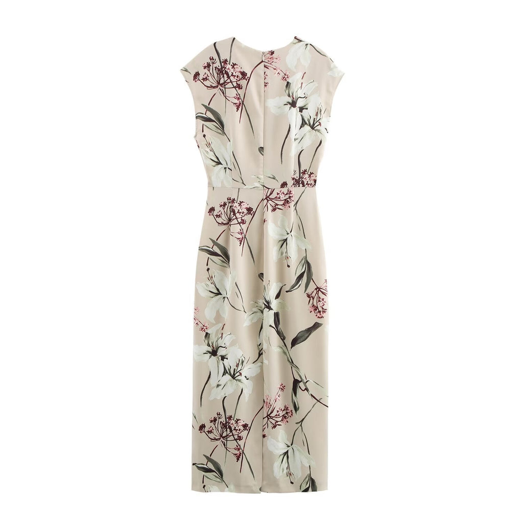 GR | V-Ausschnitt Texturiertes Floral-Print Midi-Kleid