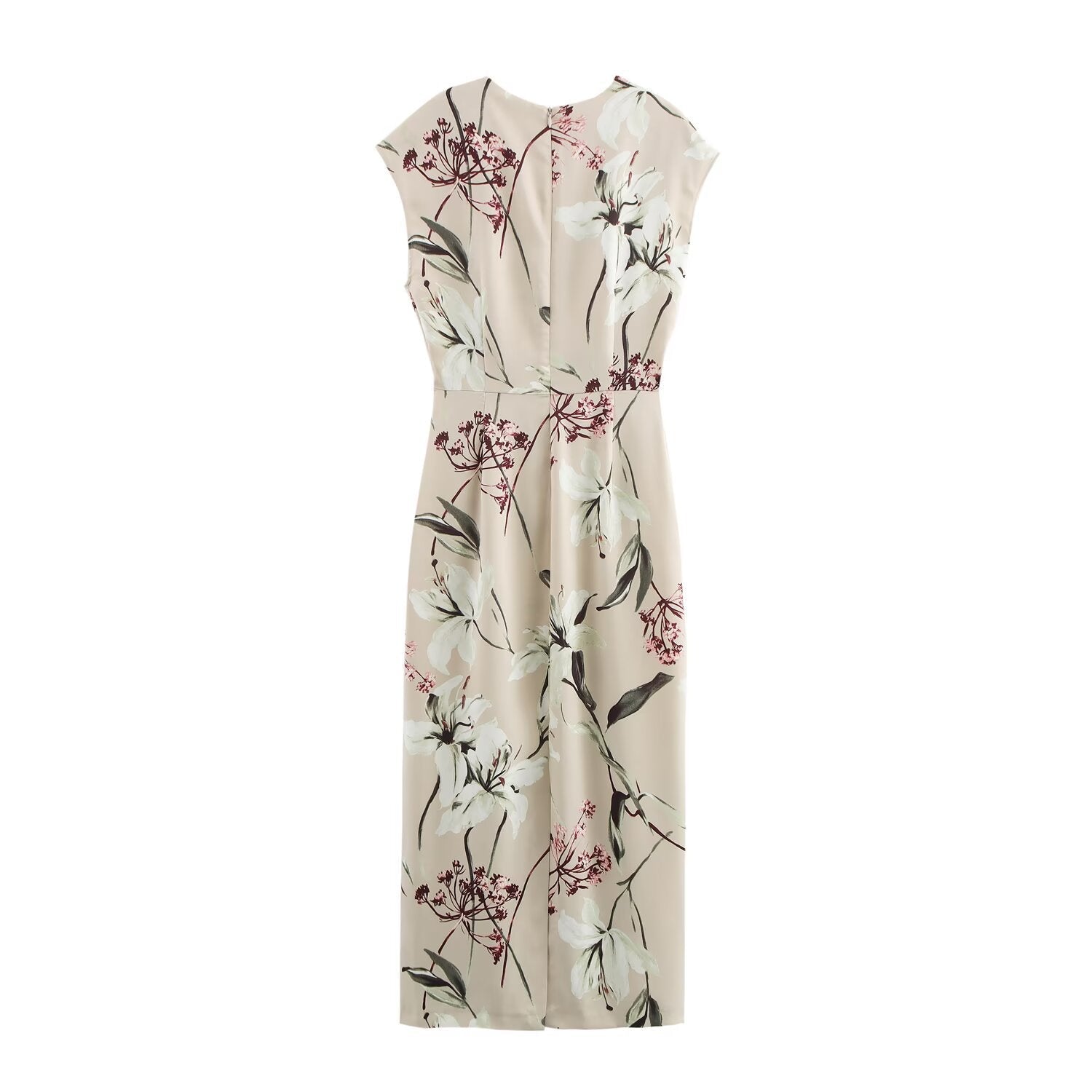 GR | V-Ausschnitt Texturiertes Floral-Print Midi-Kleid
