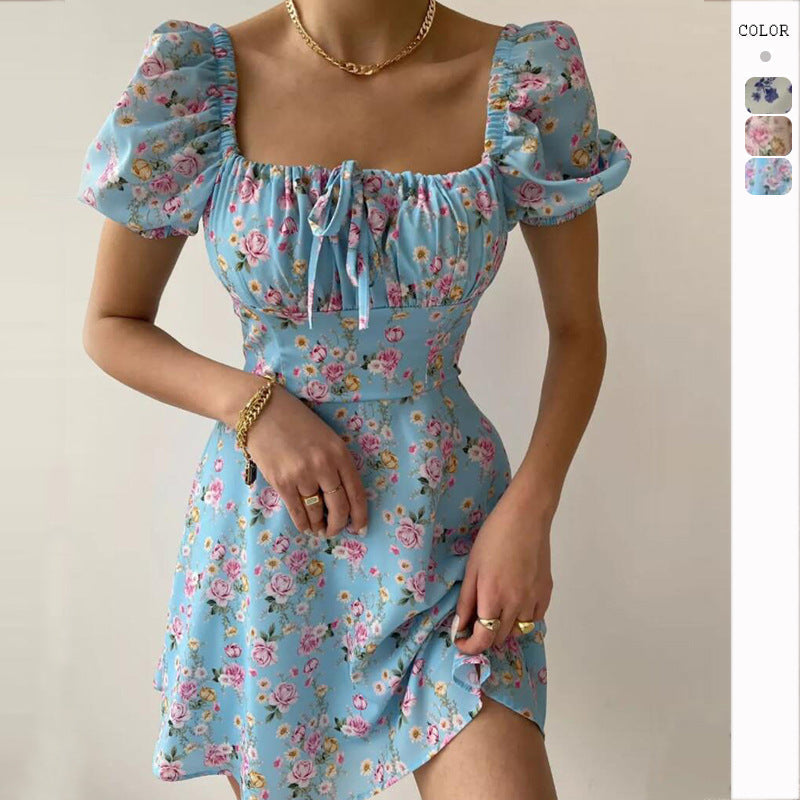 Women's floral print mini dress with puff sleeves, size