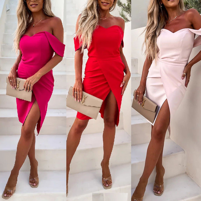 Women's elegant wrap dress with chic shoulder design and figure-hugging cut, size [size missing]