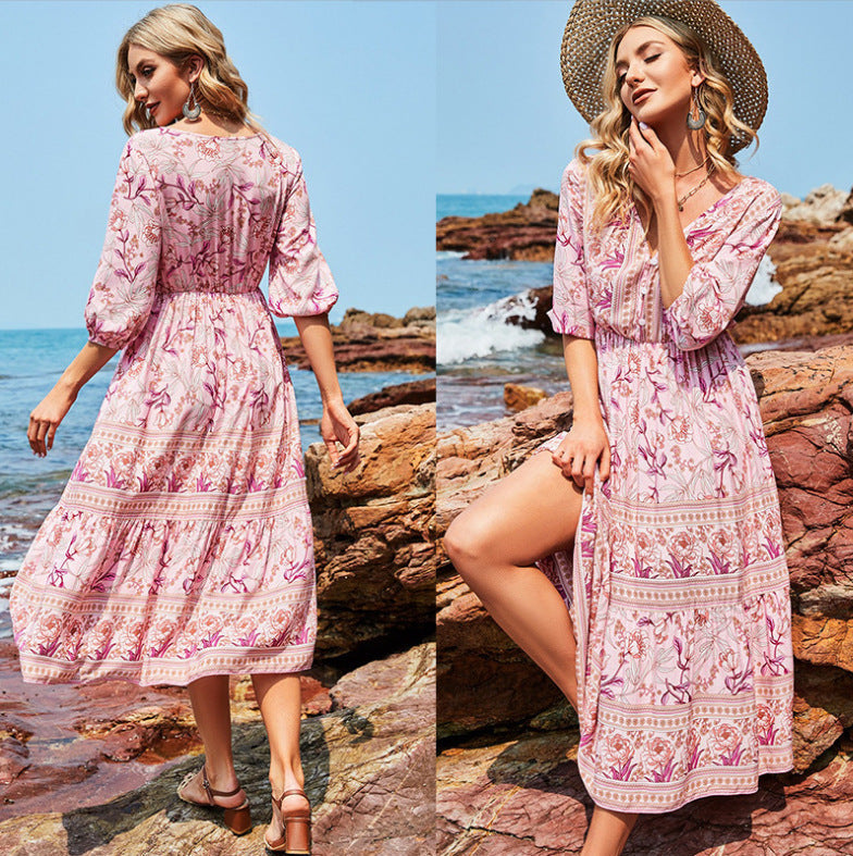 GR | Damen Midikleid mit V-Ausschnitt und Blumenmuster