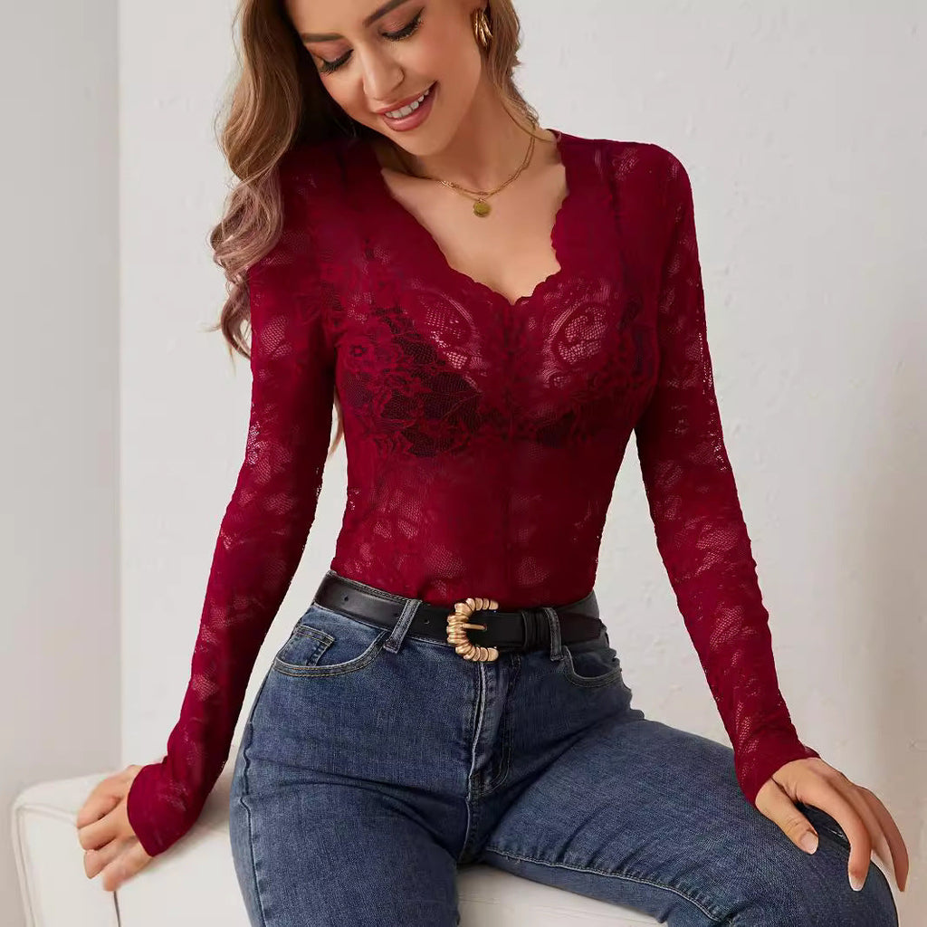 GR | Lace-Fan-Shaped Decorative Base Shirt Top