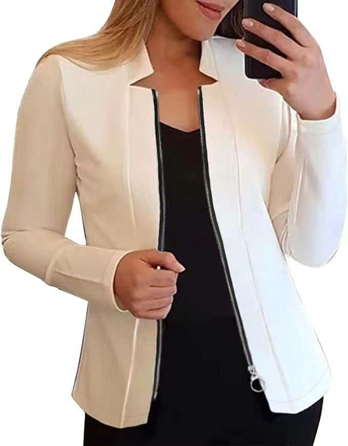 Women's modern blazer jacket with asymmetrical zipper and figure-hugging cut, size S