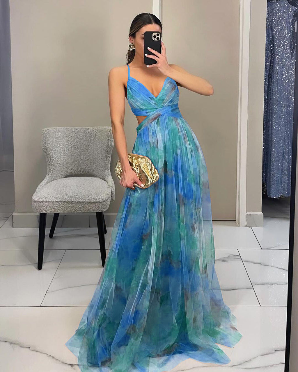 GR | Herrliches Langes Kleid aus Bedrucktem Tüll mit Floralem Bootsausschnitt, Schlitzseite, Ärmellos, Elegant, Vintage, Abendkleid für Frauen