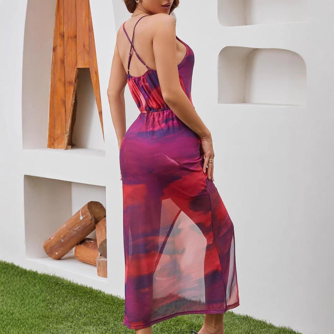 GR | Gedrucktes Schlitz-Top elastisches Taillen Kleid