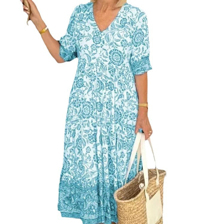 GR | Three-quarter sleeve long floral tie-dye print dress