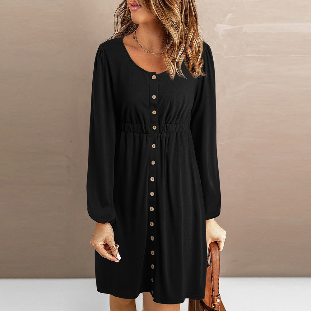 Women's knee-length dress with button details and elasticated waist, size [size]