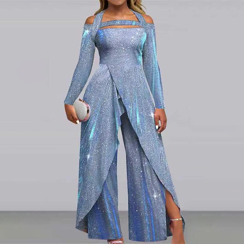 Women's glamorous jumpsuit with shimmering sequin trim and elegant cut-outs, size GR