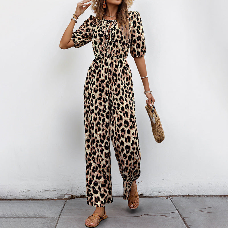 Women's jumpsuit with elegant wrap neckline and fashionable leopard print, size