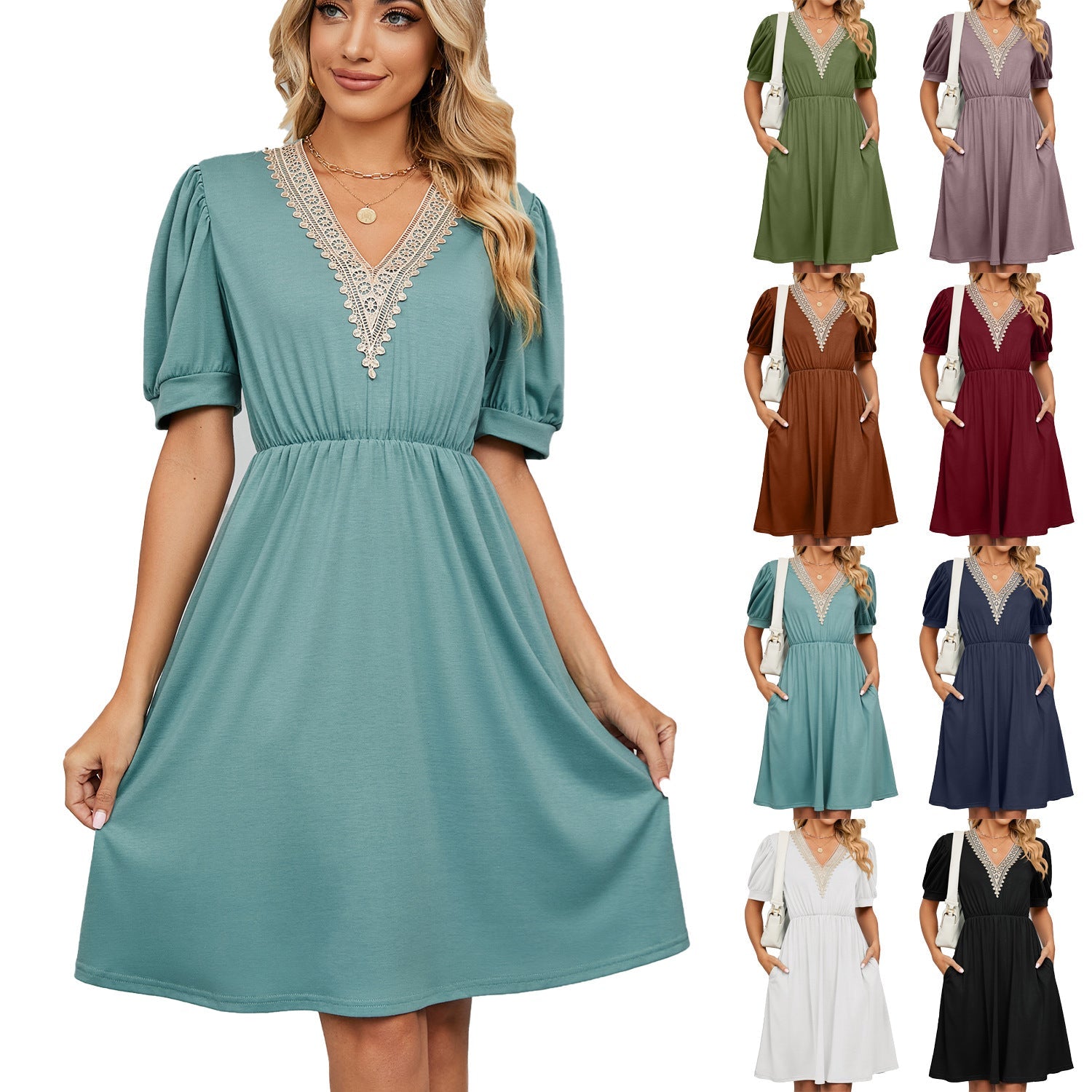 Women's midi dress with elegant V-neck and ruffle details, size