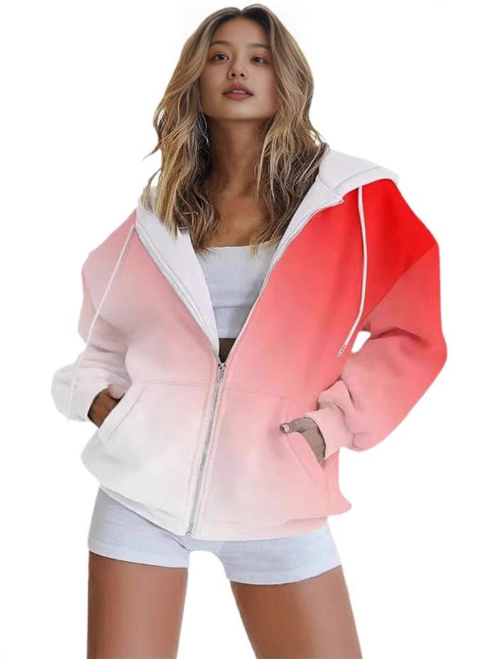 Women's oversized hooded jacket with color gradient and practical pockets, size